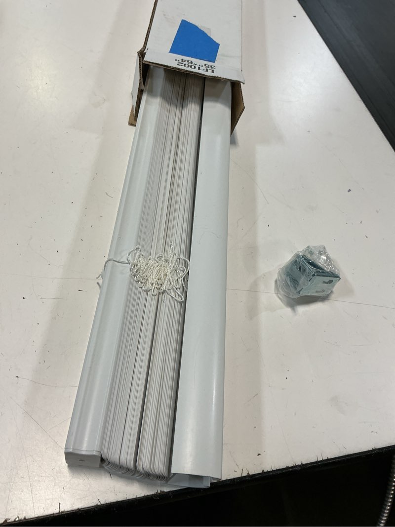 Condition photo showing As Is for project source light filtering 1-in slat width 35-in x 64-in cordless white vinyl light filtering mini-blinds