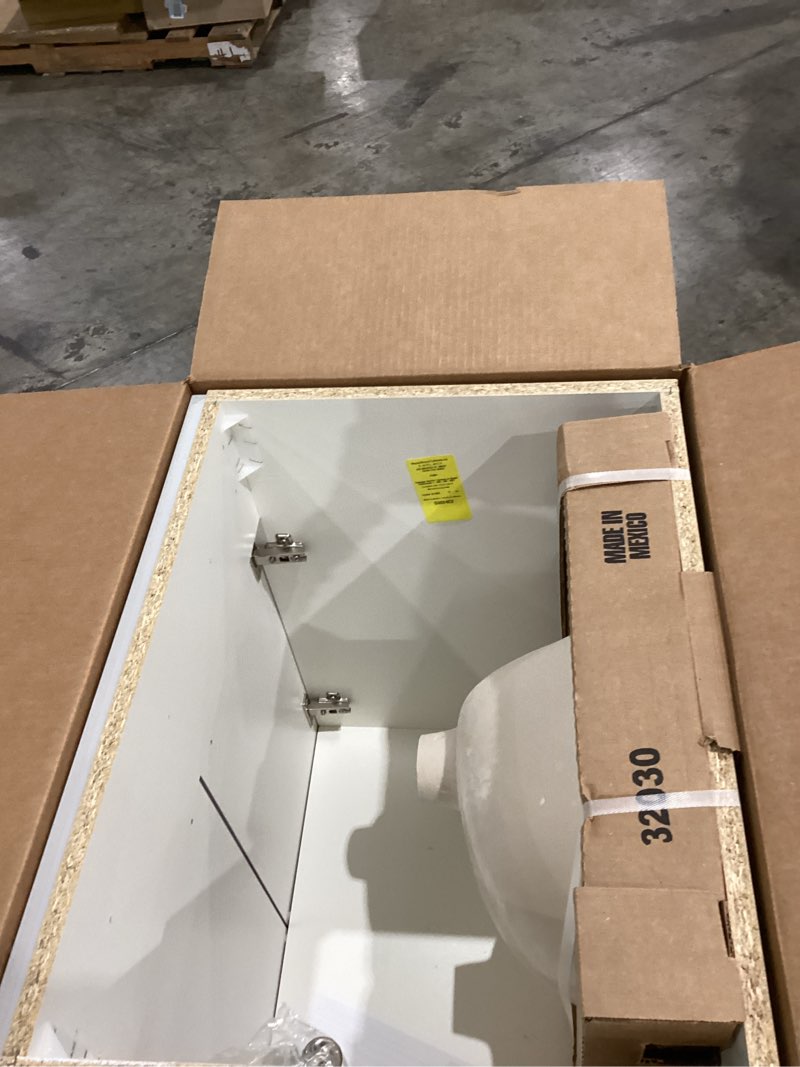 Condition photo showing As Is for project source 24.in white shaker single sink bathroom vanity with white cultured marble top