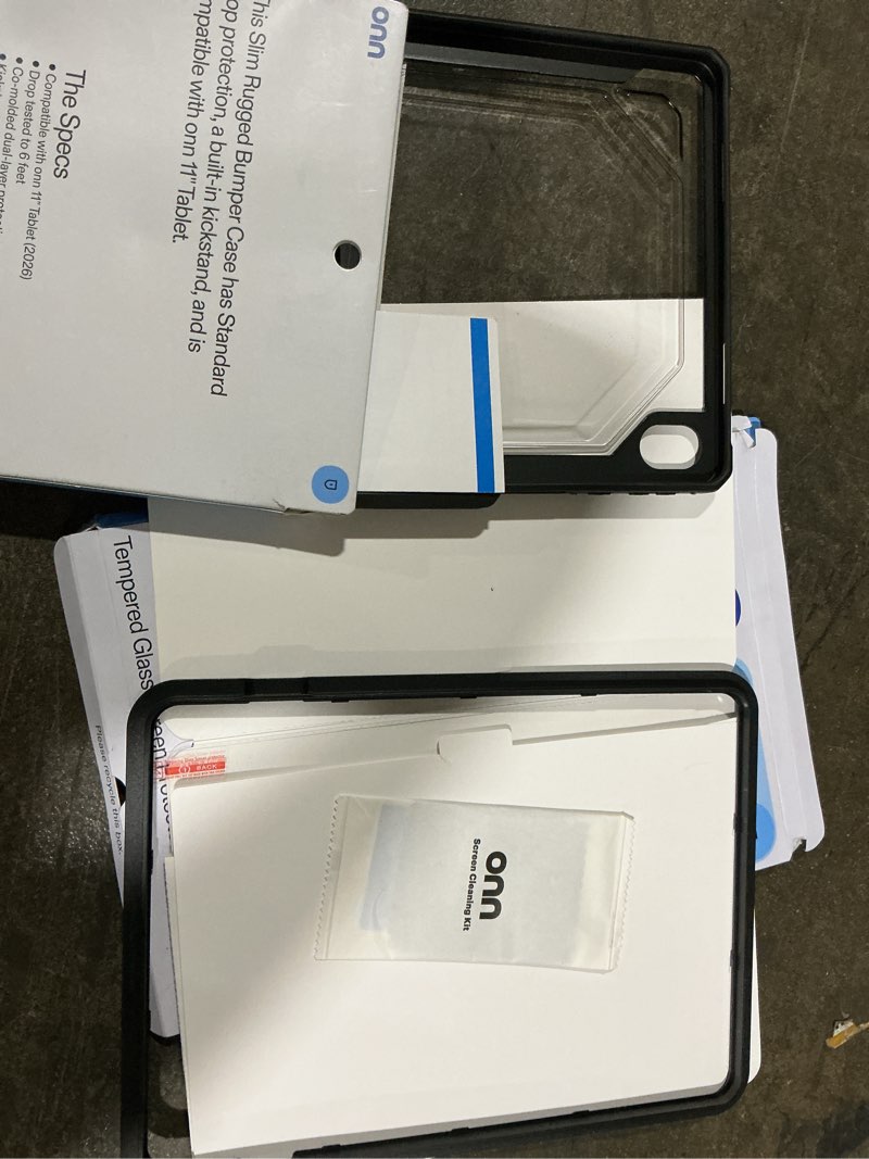Condition photo showing Good Condition for (case + screen protector )—onn slim rugged tablet case with kickstand for onn 11  tablet  (2026 model) - black/clear and onn 11” tempered glass screen protector