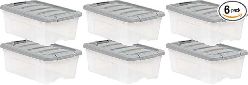 Basics Plastic Storage Containers with Secure Latching Lids, Stackable Organization Bins, Clear/Grey, 12 Quart, Set of 6