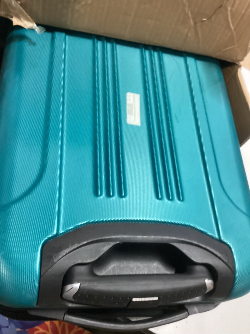 Condition photo showing As Is for Travelers Club Chicago Hardside Expandable Spinner Luggage, Teal, 20" Carry-On 20" Carry-On Teal