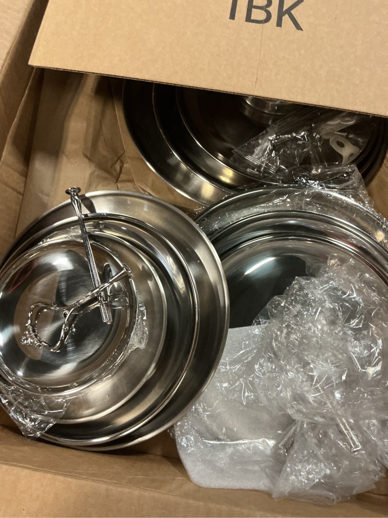 Condition photo showing As Is for gerrii set of 2 cupcake display stands 3 tier serving tray platters stainless steel cup cake tower for birthday party wedding dessert cookie candy(silver)