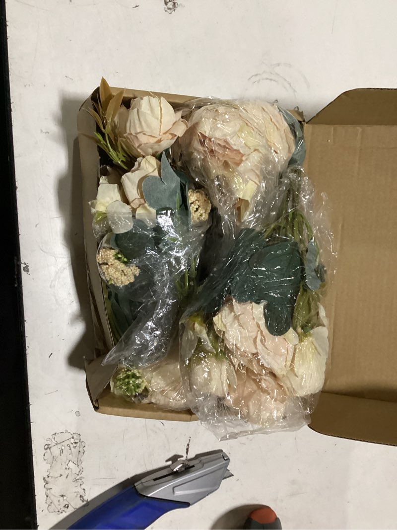 Condition photo showing New/Like New for 4 bundles silk faux peonies - peonies flower bouquets artificial flowers with stems vintage floral arrangements for vase dining table centerpieces home wedding party decor - beige beige 4 bundles