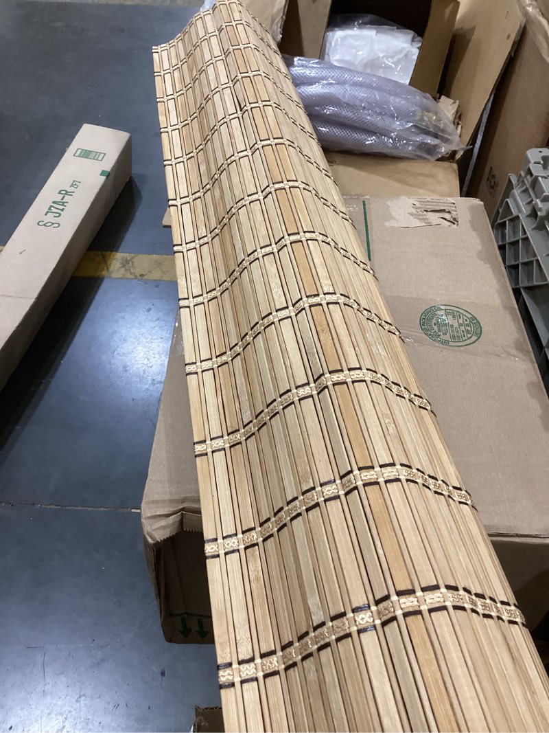 Condition photo showing As Is for chicology cordless bamboo roman shade, light filtering, tortoise real woven bamboo, cordless lift, matching valance, spot clean only, inside/outside mount