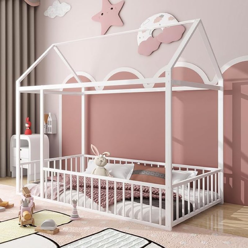  Incomplete)Harper & Bright Designs Twin House Bed with Rails, Metal Twin Floor Bed for Kids, Twin Size Montessori Bed Frame with Roof, Kids Twin Playhouse Beds for Boys Girls(White)