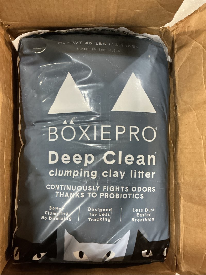 Condition photo showing Good Condition for boxie probiotic cat litter, 40 day odor control, clumping clay kitty litter, odor eliminating probiotics, dust-free, no fragrances no fillers, 40 lb pro 40 lb