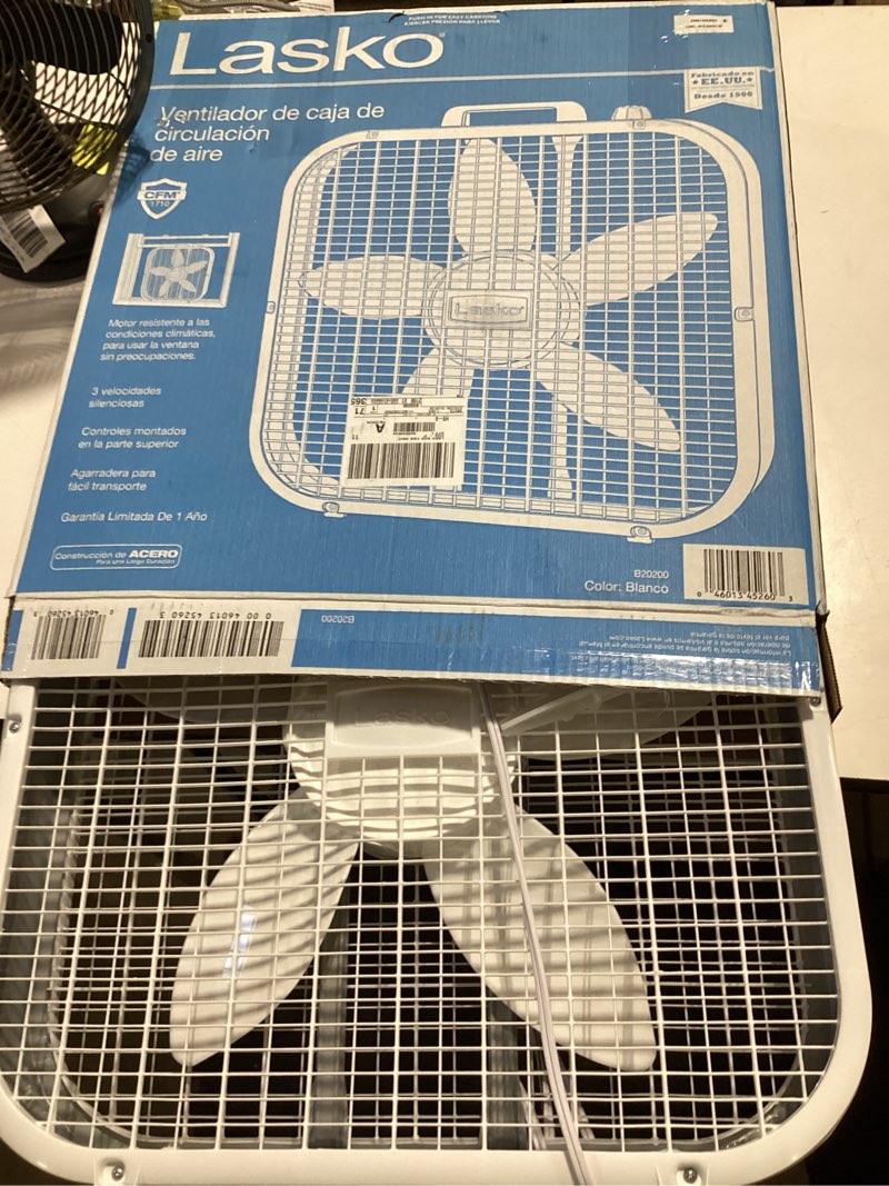 Condition photo showing As Is for lasko 20" classic box fan with weather-resistant motor, 3 speeds, 22.5" h, white, b20200, new