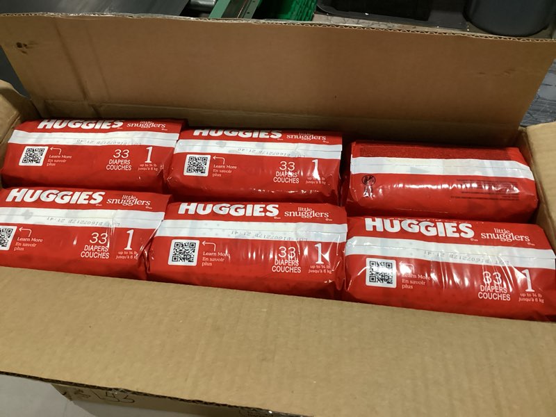 Condition photo showing New/Like New for huggies size 1 diapers, little snugglers diapers, size 1 (8-14 lbs), 198 count (6 packs of 33), packaging may vary