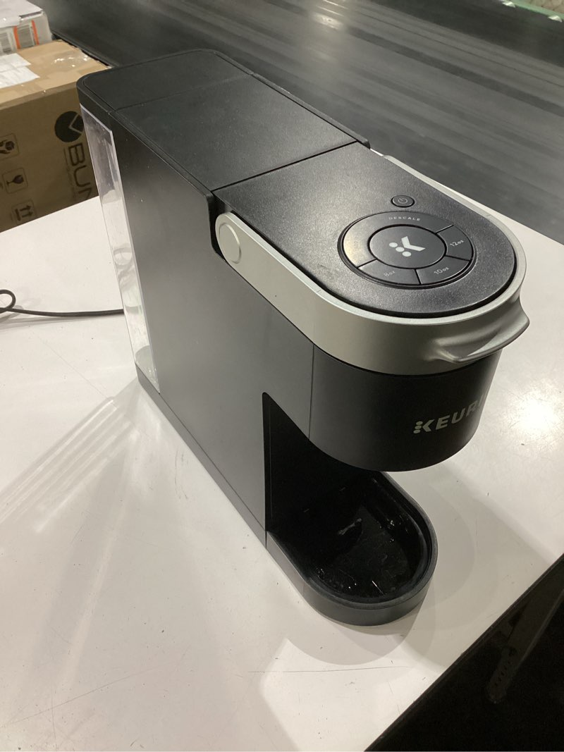 Condition photo showing As Is for **missing tray cover**keurig k-slim single serve k-cup pod coffee maker, multistream technology, 3 brew sizes, slim and sleek design, 46oz removable reservoir, black