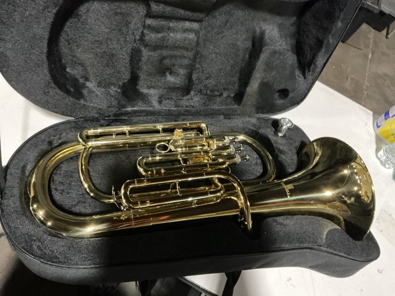 Condition photo showing Good Condition for ROWELL Baritone Horn Bb Brass 3 Valves Lacquer Gold with Mouthpiece, Case and Gloves