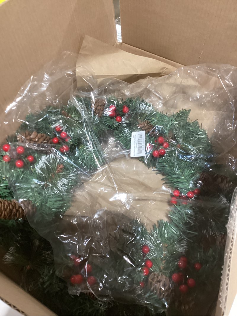 Condition photo showing As Is for Similar to stock Christmas Shatterproof Eucalyptus Pine Wreath for Front Door, Winter Green and Red Holly Berries Home Wreath, Xmas Home Decor Wreath with Christmas Balls
