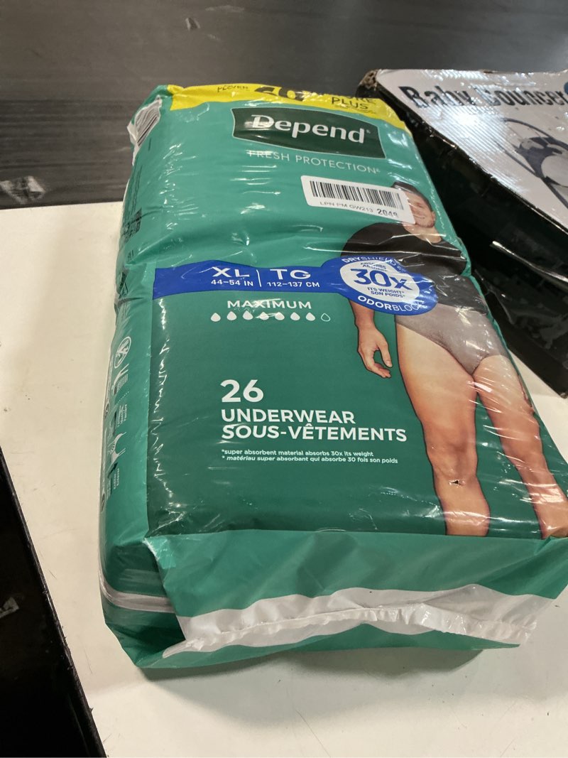Condition photo showing New/Like New for depend fresh protection adult diapers, incontinence underwear for men, disposable, maximum, extra-large, grey, 26 count, packaging may vary x-large 26