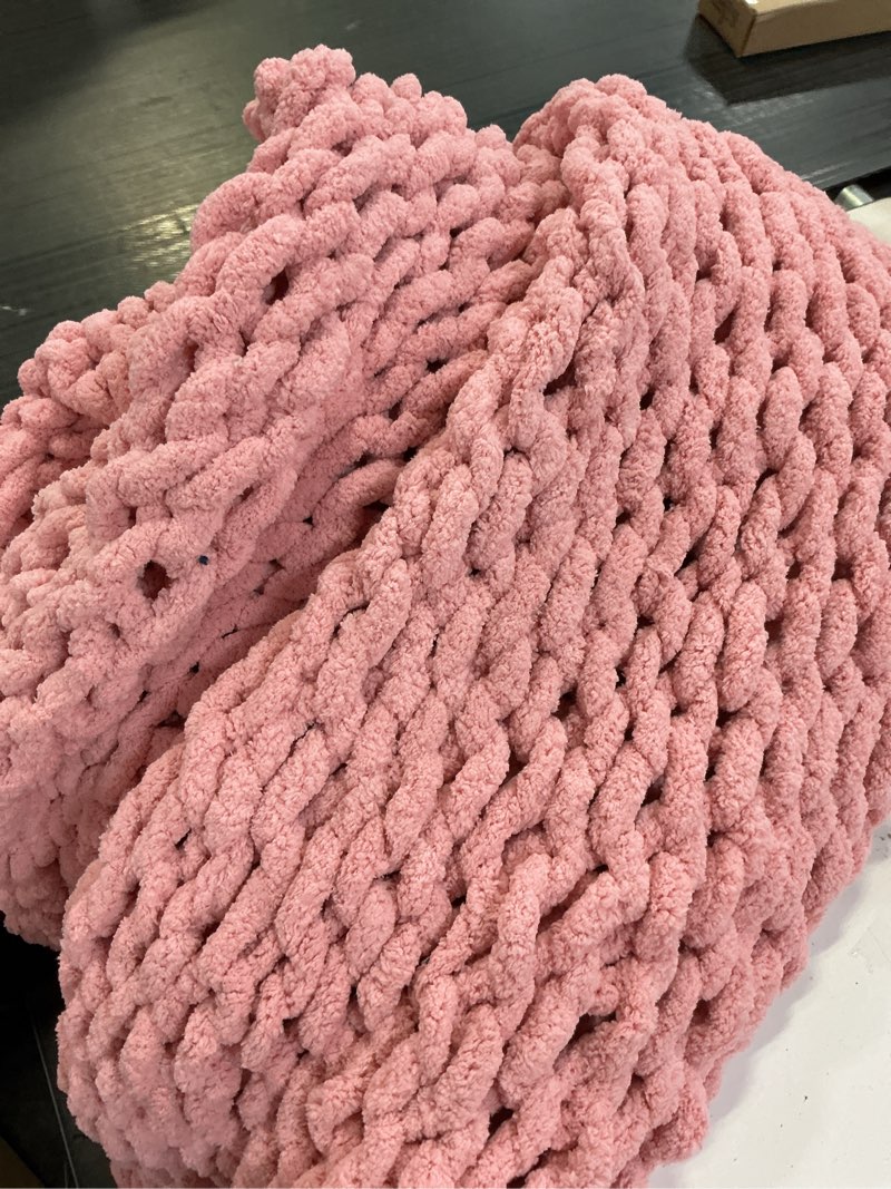 Condition photo showing As Is for bigacogo chunky knit throw blanket for couch, 51x63 inches, 100% hand knitted with thick jumbo chenille yarn, cozy soft large rope knot cable crochet blankets for sofa bed living room, blush pink blush pink 51"x63" (large size throw?