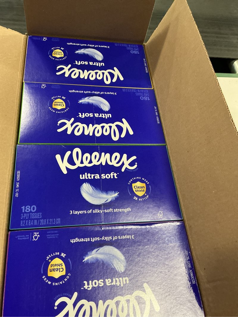 Condition photo showing New/Like New for Kleenex Ultra Soft Facial Tissues, 8 Flat Boxes, 180 Tissues per Box, 3-Ply, Packaging May Vary White 180 Tissues (Pack of 8)