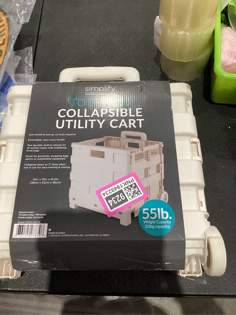Condition photo showing New/Like New for Simplify Tote & Go Collapsible Utility Cart | Wheels | Perfect for Groceries | Beach Trip | Travel | Sports Games | 55 Lbs. Capacity | Small | White