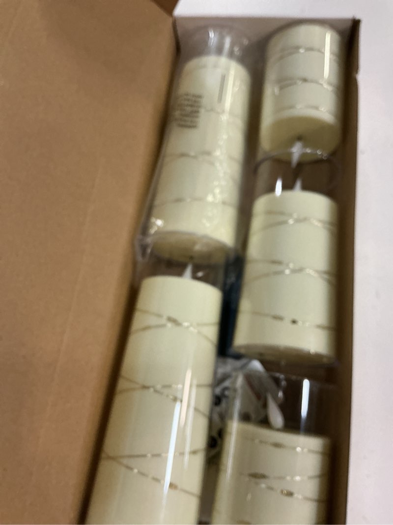 Condition photo showing New/Like New for homemory flameless candles with embedded star string fairy lights, battery operated candles, led candle, fake candles with remote control and timer, ivory, set of 5(h4 5" 6" 8" 8") ivory-5pcs