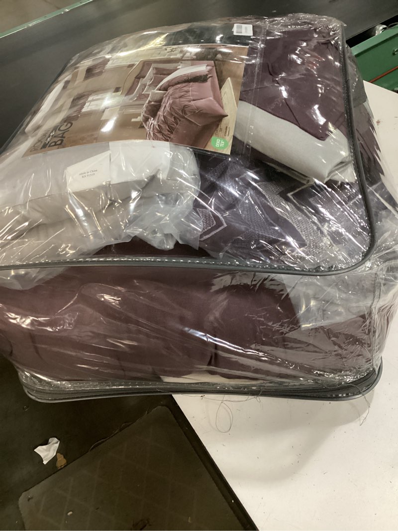 Condition photo showing Good Condition for madison park essentials queen comforter set, 24 piece bedding with matching curtains, decorative pillows, luxe diamond tufting , room in a bag joella collection, plum queen queen plum
