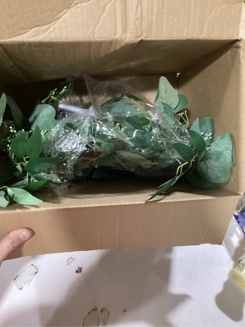 Condition photo showing Good Condition for fake greenery garlands artificial silver dollar eucalyptus garland in grey green and willow twigs garland intertwined together for rustic wedding arch swag doorways table runner decoration