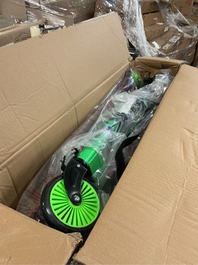 Condition photo showing As Is for swing wiggle scooter, 3 wheels drifting folding kick scooter with 4-level adjustable height/foldable for kids/teen/adult age 6+ years old green
