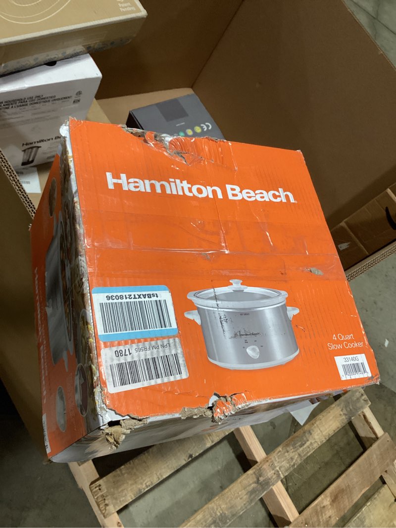 Condition photo showing Good Condition for hamilton beach 4-quart slow cooker with 3 cooking settings, dishwasher-safe stoneware crock & glass lid, stainless steel (33140g) silver & white 4 quarts