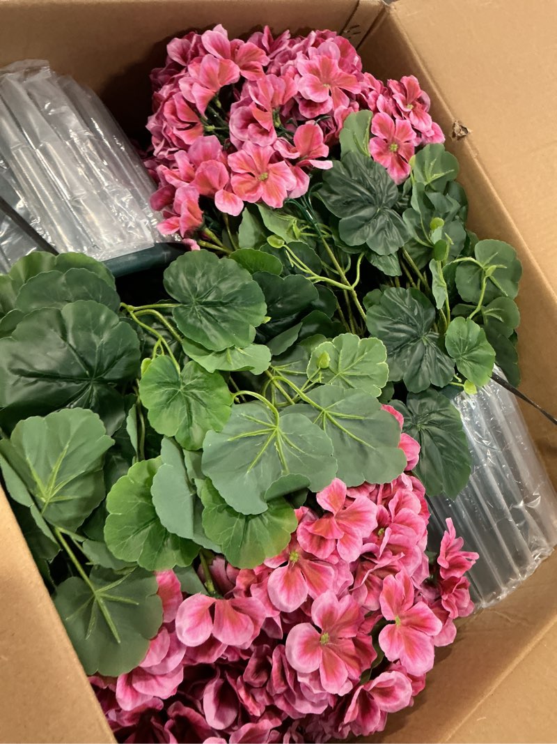 Condition photo showing Good Condition for qianyun artificial geranium bush – 20 inch outdoor potted artificial plant for front porch, uv resistant faux flower bush for garden, yard & patio decor (2 pack) dark pink