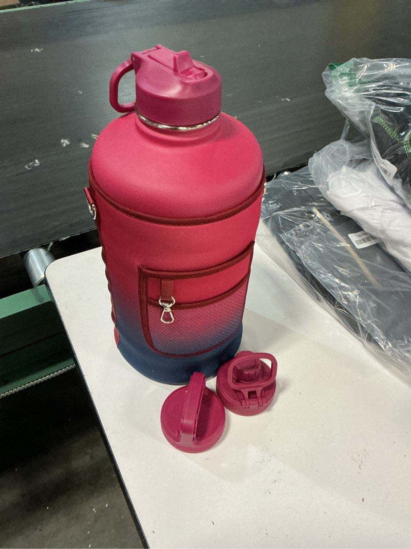 Condition photo showing As Is for coolflask 128 oz gallon water bottle insulated with straw&3 lids, water jug large stainless steel metal vacuum wide mouth for sports, gym or office, non-bpa keep cold 48h hot 24h, ombre wine/navy 128 ounces ombre wine/navy
