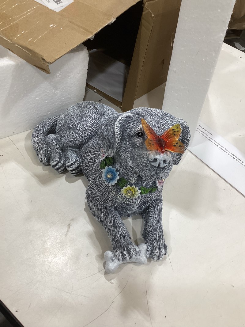 Condition photo showing Good Condition for 9.64" solar dog garden statue with butterfly outdoor decor | dog statue, outdoor decor, yard garden patio porch, memorial gifts for women mom grandma, hand-painted