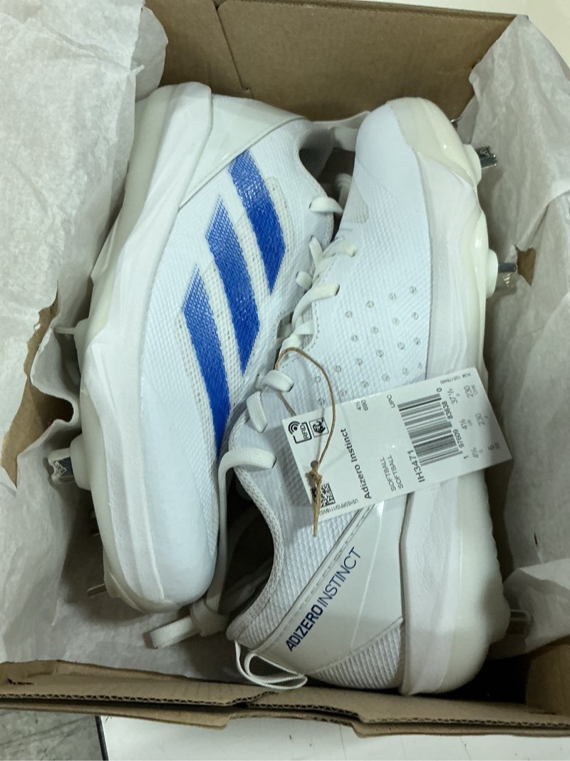 Condition photo showing New/Like New for adidas women's adizero instinct softball 6 white/team royal blue/white