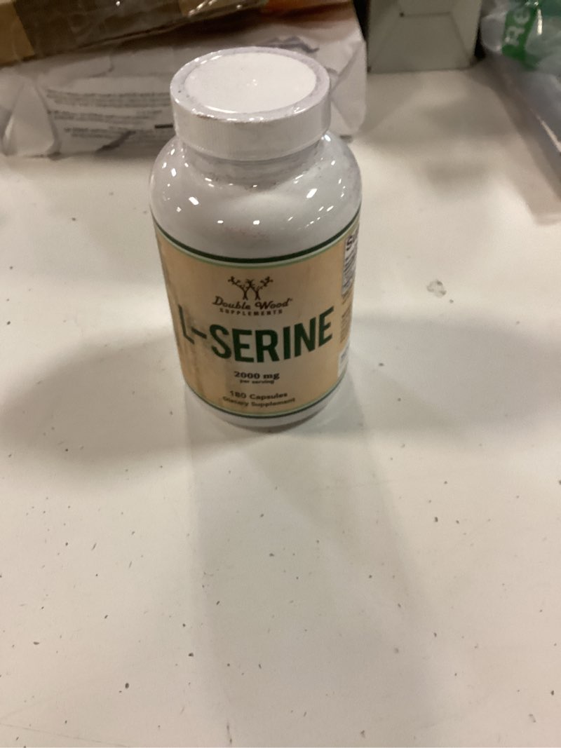 Condition photo showing New/Like New for L-Serine Capsules (Third Party Tested) - 2,000mg Servings Used in Clinical Study, 180 Count, 500mg per Capsule (L Serine Amino Acid for Serotonin Production and Brain Support) by Double Wood (best by 11/2027)