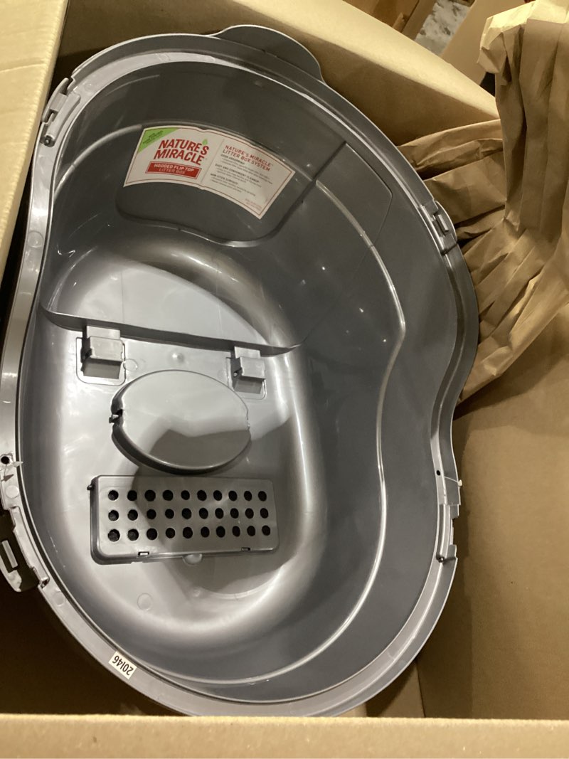 Condition photo showing Good Condition for nature’s miracle hooded flip top litter box for cats, with built-in odor control charcoal filter silver/grey