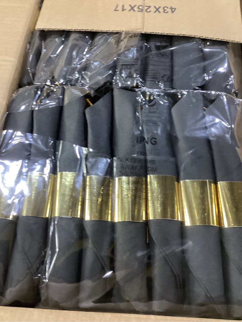 Condition photo showing As Is for 100 pack pre rolled gold plastic silverware set,wrapped plastic cutlery set with napkin include 100 forks,100 spoons,100 knives and 100 black napkins for party, wedding,christmas 100 pack black+gold