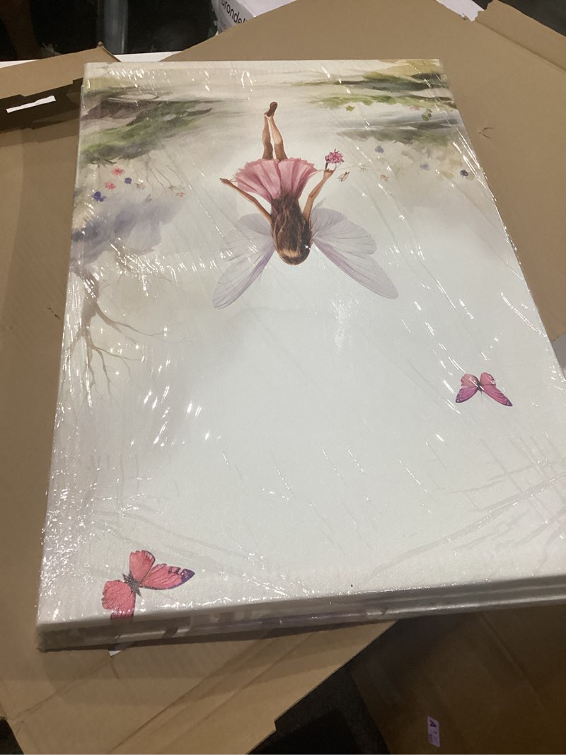Condition photo showing New/Like New for 3 pcs fairy garden canvas wall art flower fairy posters prints mushroom castle painting pictures enchanted forest wall decor for living room bedroom girls room nursery decoration framed color 16x24in-canvas