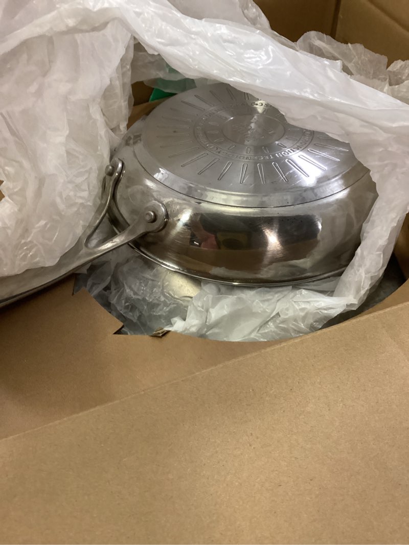 Condition photo showing As Is for t-fal x jamie oliver nonstick coated stainless steel pans 9.5" & 11", induction compatible, oven safe up to 500°f, chef's stainless steel skillet, frying pan, silver nonstick stainless steel 2-piece
