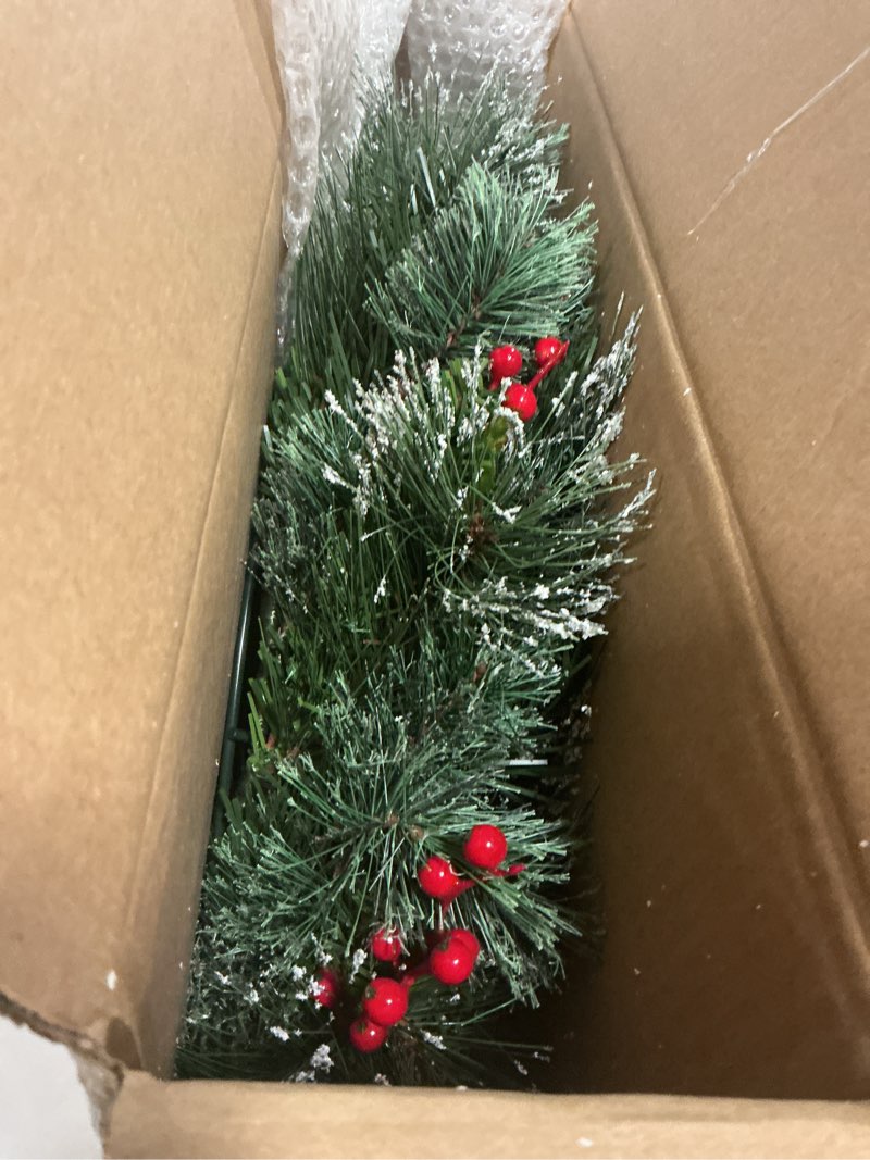Condition photo showing New/Like New for National Tree Company 24 in Pre-Lit Wintry Pine Flocked Artificial Christmas Wreath, Christmas Decoration with Pinecones, Red Berries, 50 Clear LED Lights, 113 Tips, Timer, Green 24 in w/ Battery Operated Wreath