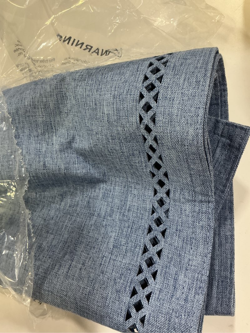 Condition photo showing Good Condition for Burlap Style Farmhouse Table Runner, 13 x 72 Inch Blue, Rustic Geometric Hollow Table Runners 72 Inches Long for Dresser Table Everyday Use, 13x72 Inches, Blue Blue 13×72 Inch