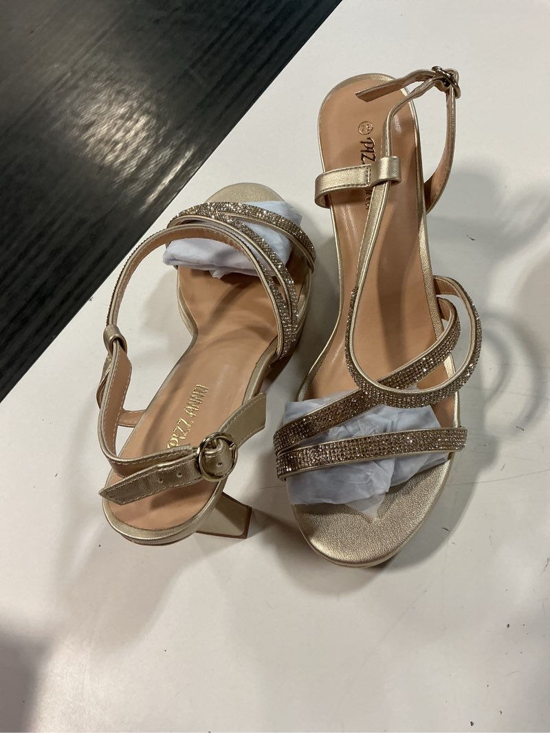 Condition photo showing New/Like New for (size 7.5)pizz annu women's solebella platform block heel sandals 3 inch chunky heels open toe ankle strap strappy comfortable dress pump shoes for wedding party 7.5 gold rhinestone