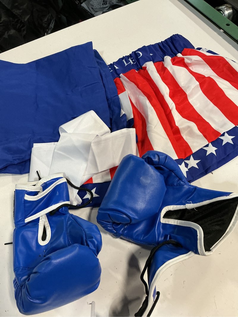 Condition photo showing New/Like New for boxing costume kids with boxing glove robe shorts,halloween boys boxer suit,american boxer robe blue medium