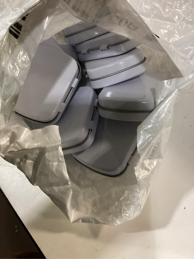 Condition photo showing Good Condition for ( 10 pcs )metal tins with lids, rectangular small metal box with lid hinged tin box container with lid portable small silver storage tin case with hinged lids for home storage organizer 3.5 x 2.4 x 0.7 inches