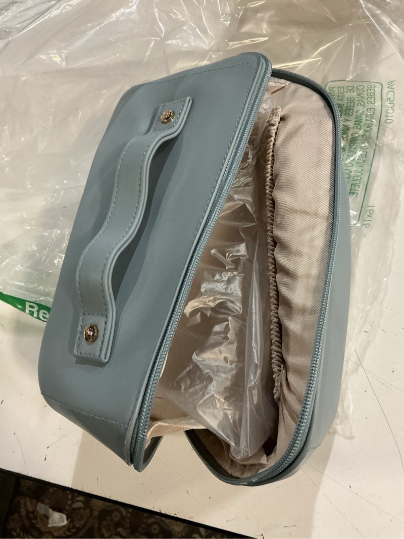 Condition photo showing New/Like New for eachy travel makeup bag, large capacity cosmetic bag for women, waterproof pu leather, flat open portable toiletry bag for skincare, brushes & travel essentials medium aj-blue