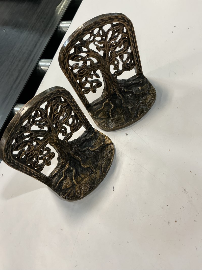 Condition photo showing New/Like New for tree of life bookends set heavy duty metal book ends for shelves | antique brass iron decorative bookend pair for home, office, library or study | elegant vintage style book holder décor