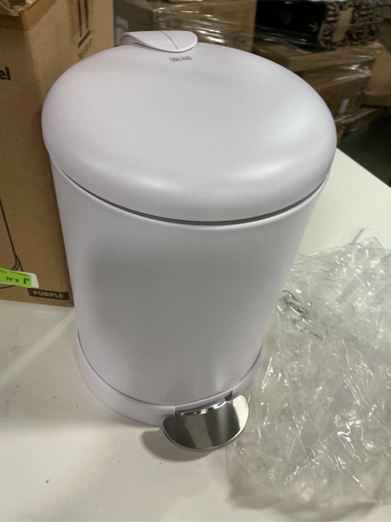 Condition photo showing Good Condition for Glad Small Trash Can, 1.2 Gallon | Round Stainless Steel Garbage Bin with Soft Close Lid & Step Foot Pedal | Metal Waste Basket with Removable Inner Bucket, Lavender