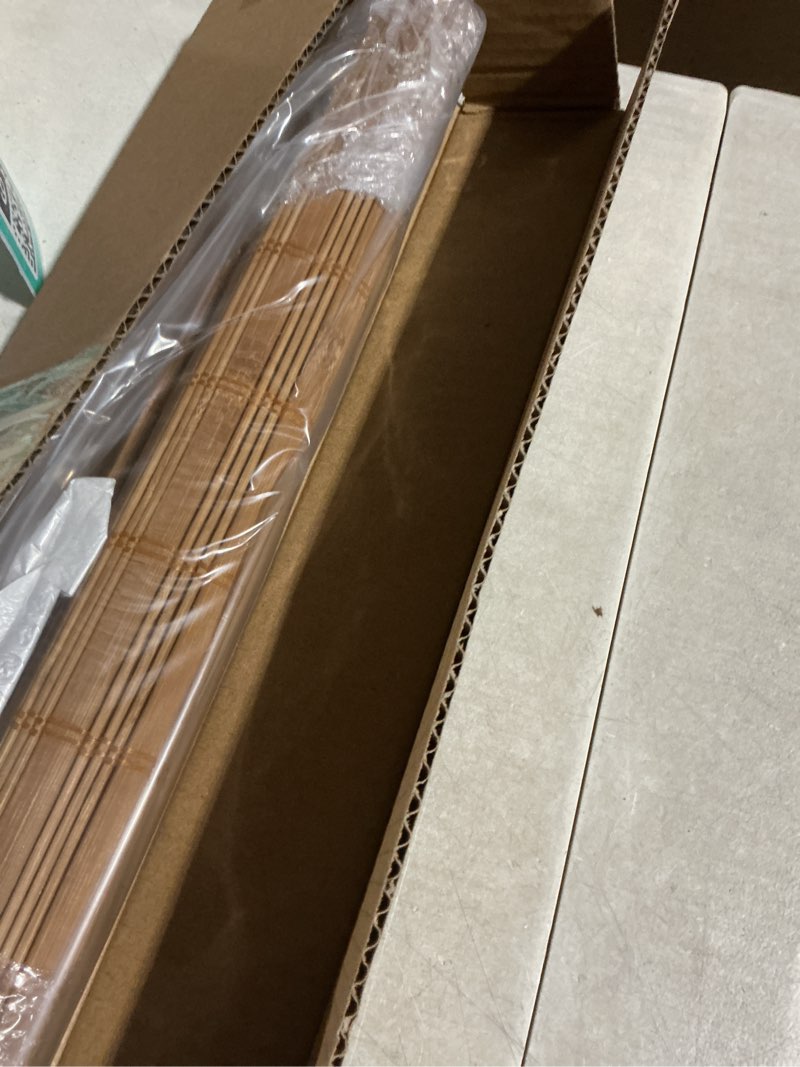 Condition photo showing Good Condition for lazblinds no tools no drill bamboo roller shades, cordless bamboo blinds, light filtering roll up blinds for windows, french door, porch or patio, 18'' w x 24'' h, squirrel squirrel 18'' w x 24'' h