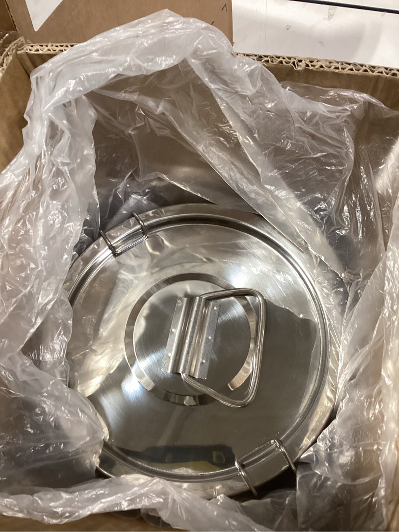 Condition photo showing As Is for DYNAMI 304 Stainless Steel Airtight Canister for Kitchen, 3.2Gal/405oz Flour Container with Lid and Locking Clamp,10-21Lbs Metal Bucket Food Storage Container for Rice, Flour, Grain, Coffee Bean(12L)