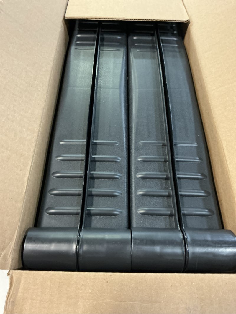 Condition photo showing Good Condition for plano 4-shelf plastic storage shelves, 48” x 23” x 14”, 200lb capacity, pantry, office, closet and garage shelves, easy to assemble, durable plastic shelving unit