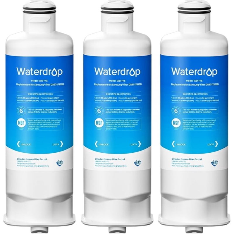 waterdrop wd-f45 replacement for samsung® da97-17376b, haf-qin/exp, da97-08006c, rf28r7201sr, rf28r7351sg, wd-f45, refrigerator water filter, 3 filters
