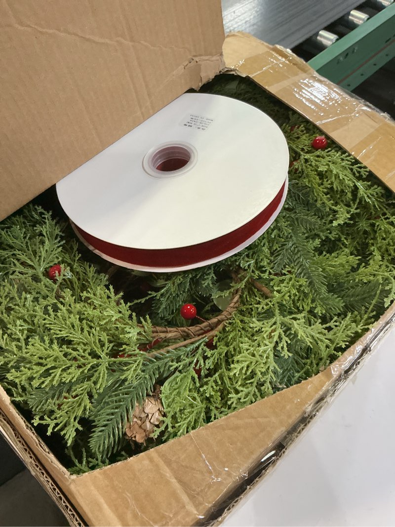 Condition photo showing Good Condition for Aneco 24 Pieces Christmas Candle Rings Wreath with Ribbon 8.7 Inch Wreath Holder Pillar Candlestick Norfolk Pine Garland Artificial Red Berries Branch Pinecones Wreaths for Xmas Table Centerpiece