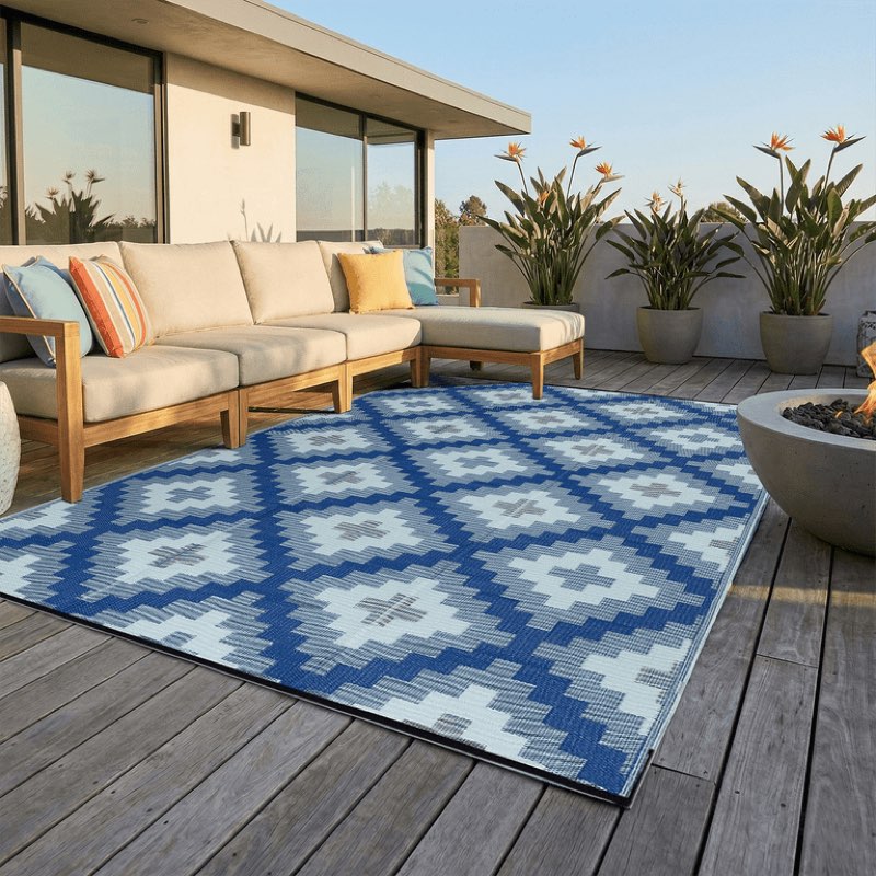 home outdoor camping rug - waterproof, fade resistant, reversible - premium recycled plastic - geometric - large patio, deck, sunroom, rv - aztec kilim - blue multi -  ft foldable