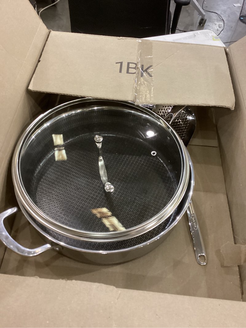 Condition photo showing As Is for USELUCK-Non-electric deep fryers Hybrid Nonstick 5.5-Quart Deep Sauté Pan with Tempered Glass Lid, Stay-Cool Handle, Dishwasher-Friendly, Oven-Safe, Induction Ready, Compatible with All Cooktops