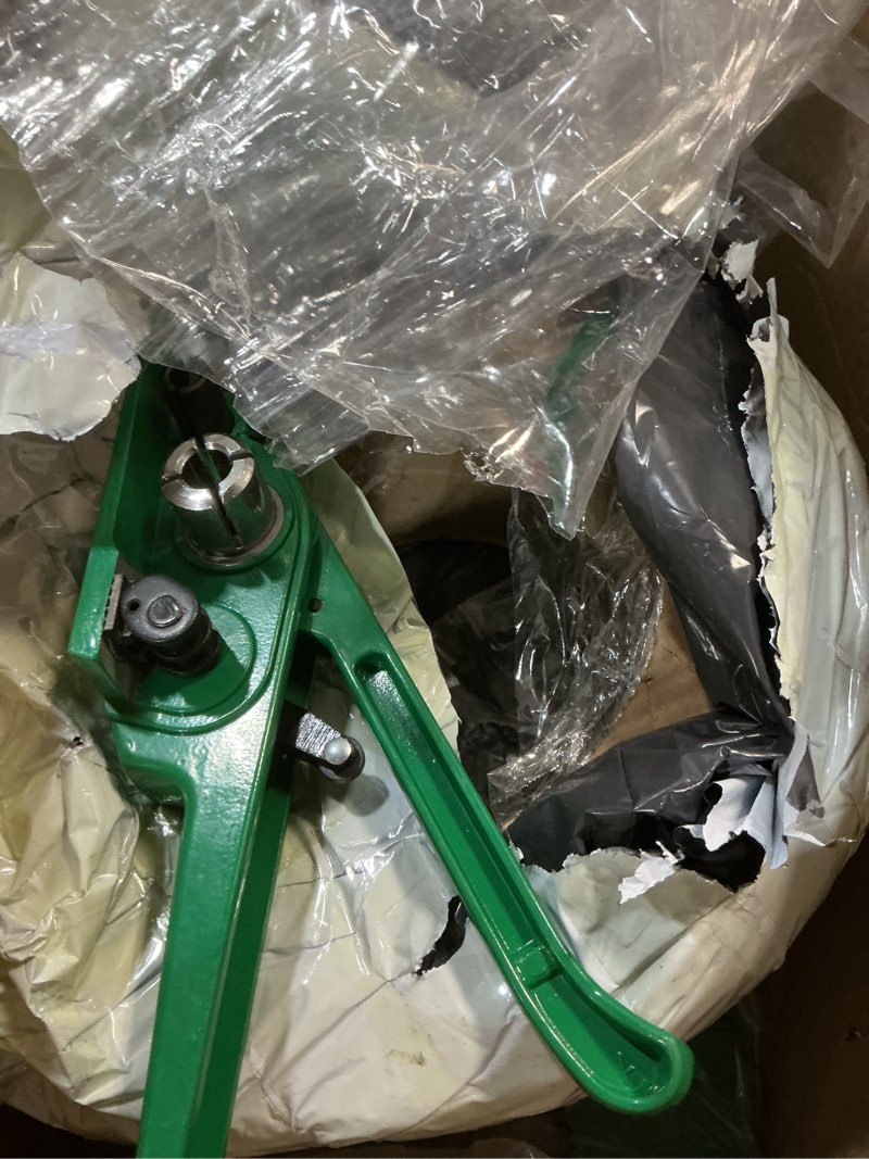 Condition photo showing As Is for banding strapping kit, pallet strapping kit include poly strapping tensioner tool, banding sealer tool, 200 metal seals, 3200' x 1/2" (l x w) packaging strapping banding for packing strapping