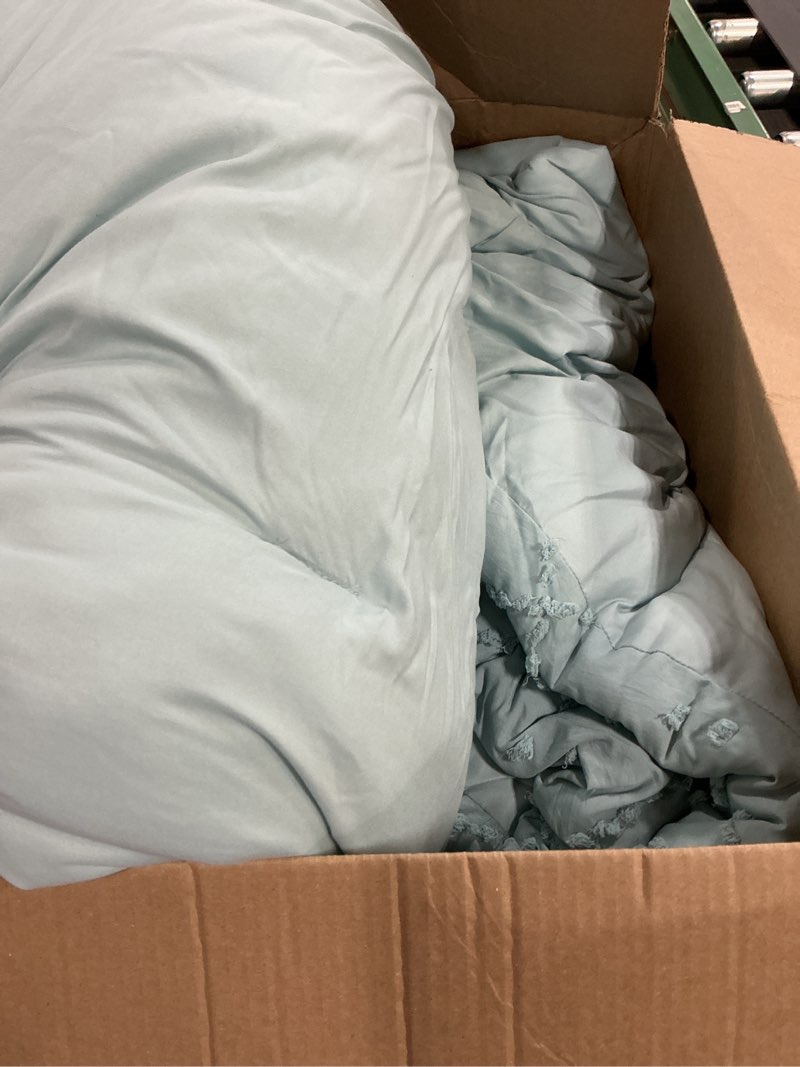 Condition photo showing As Is for bedsure king comforter set - dusty blue comforter, boho tufted shabby chic bedding for kids, 3 pieces vintage farmhouse bed set for all seasons, fluffy soft bedding with 2 pillow shams king 12 - dusty blue